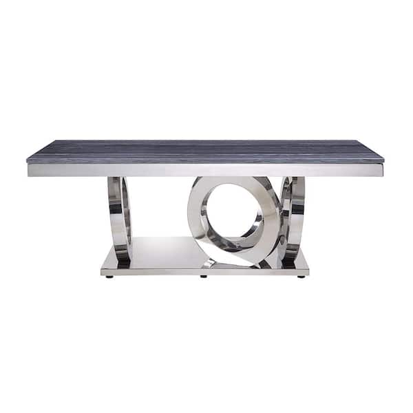 Acme Furniture Zasir 51 in. Gray Printed Faux Marble and Mirrored Silver Rectangle Metal Coffee Table