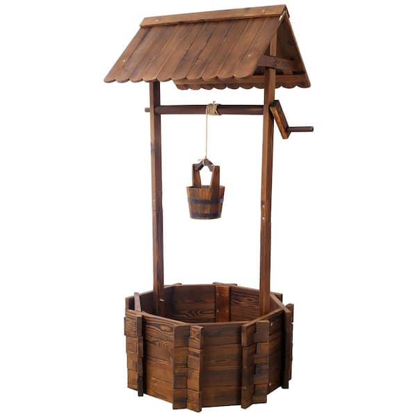25 in. Outdoor Rustic Wood Wishing Well Planter with Hanging Bucket