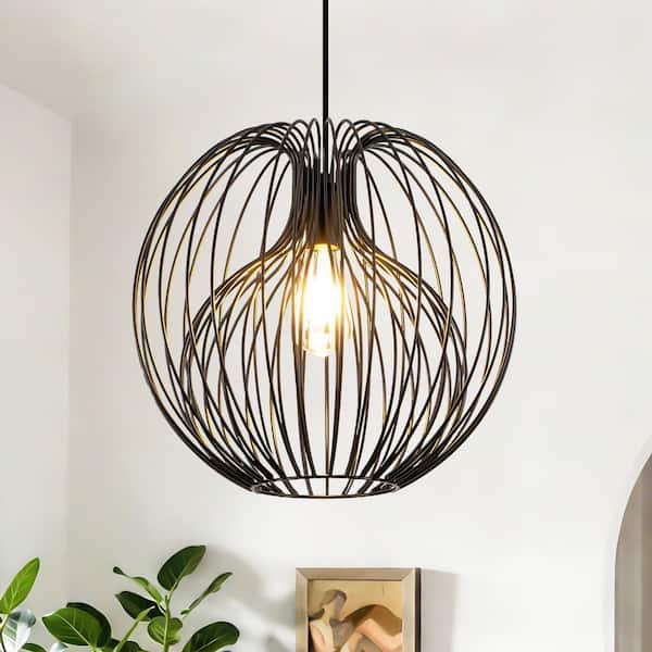 RayHome 15.74in 1-Light Black Industrial Spherical Pendant Light with Metal Stripe Cage Shade for KitchIsland DiningRoom