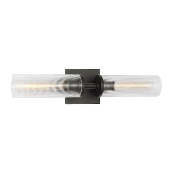 Sarita Medium 2-Light Midnight Black Wall Sconce with Clear Ribbed Glass Shades