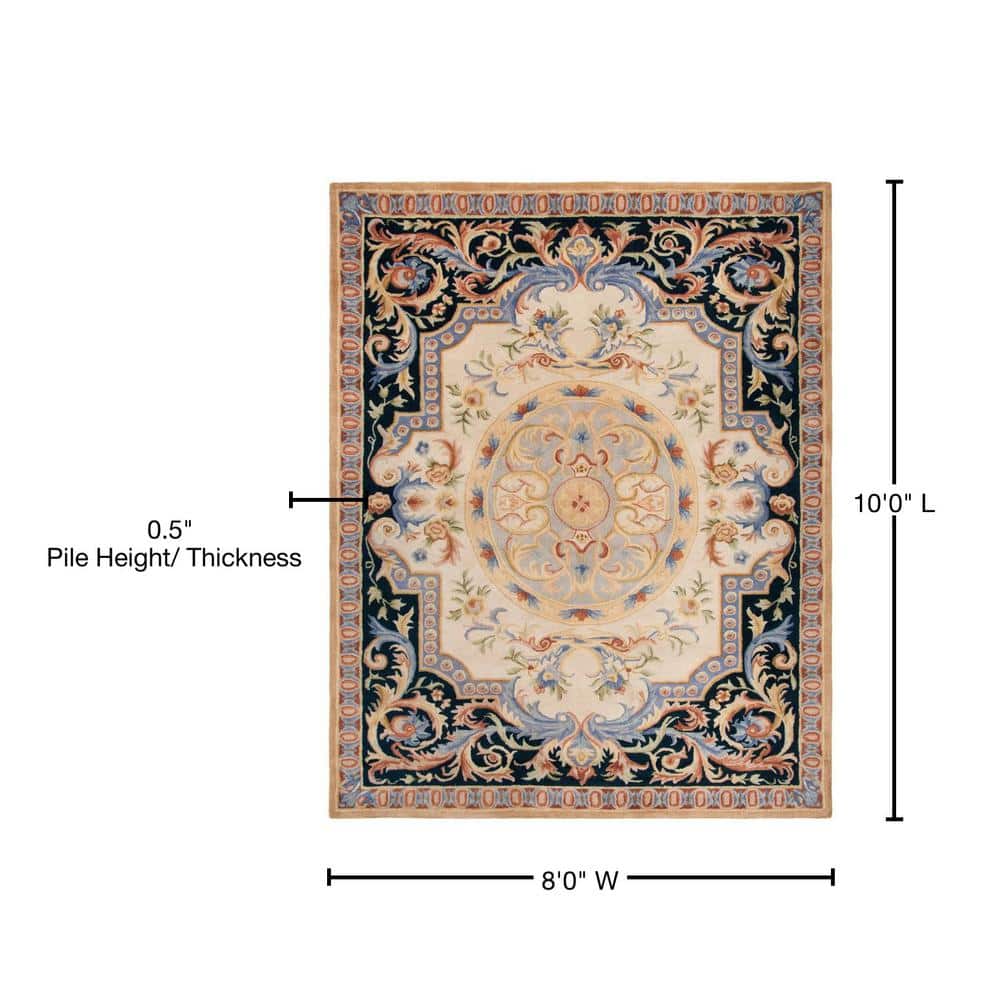 Ivory and Navy Floral Hand-Tufted Wool 8' x 10' Area Rug