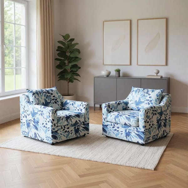 New Classic Furniture Sylvie Blue and White Cotton Fabric Swivel Arm Chair (Set of 2)