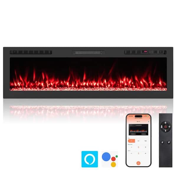 Smart WiFi Electric Fireplace Wall Mounted & Recessed 750W/1500W Heater-60 Inch in Black