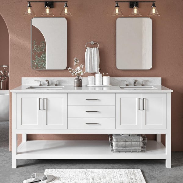 ARIEL Magnolia 73 in. W x 22 in. D x 36 in. H Bath Vanity in White with White Carrara Marble Vanity Top with White Basins