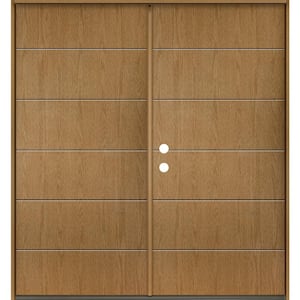 TETON Modern 72 in. x 80 in. Right-Active/Inswing 6-Grid Solid Panel Bourbon Stain Double Fiberglass Prehung Front Door