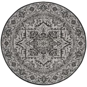 Beach House Light Gray/Charcoal 7 ft. x 7 ft. Round Oriental Indoor/Outdoor Patio  Area Rug