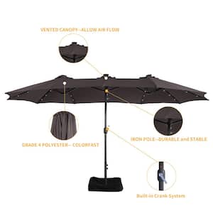 15 ft. Patio Market Umbrella Double-Sided Outdoor Patio Umbrella with Base and Solar LED Lights in Coffee