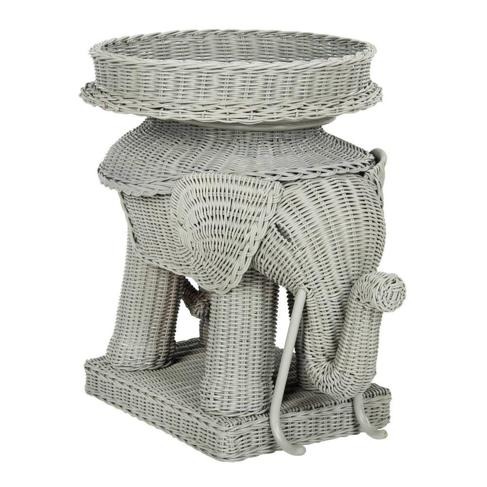Gray Rattan Elephant Round Storage Accent Table