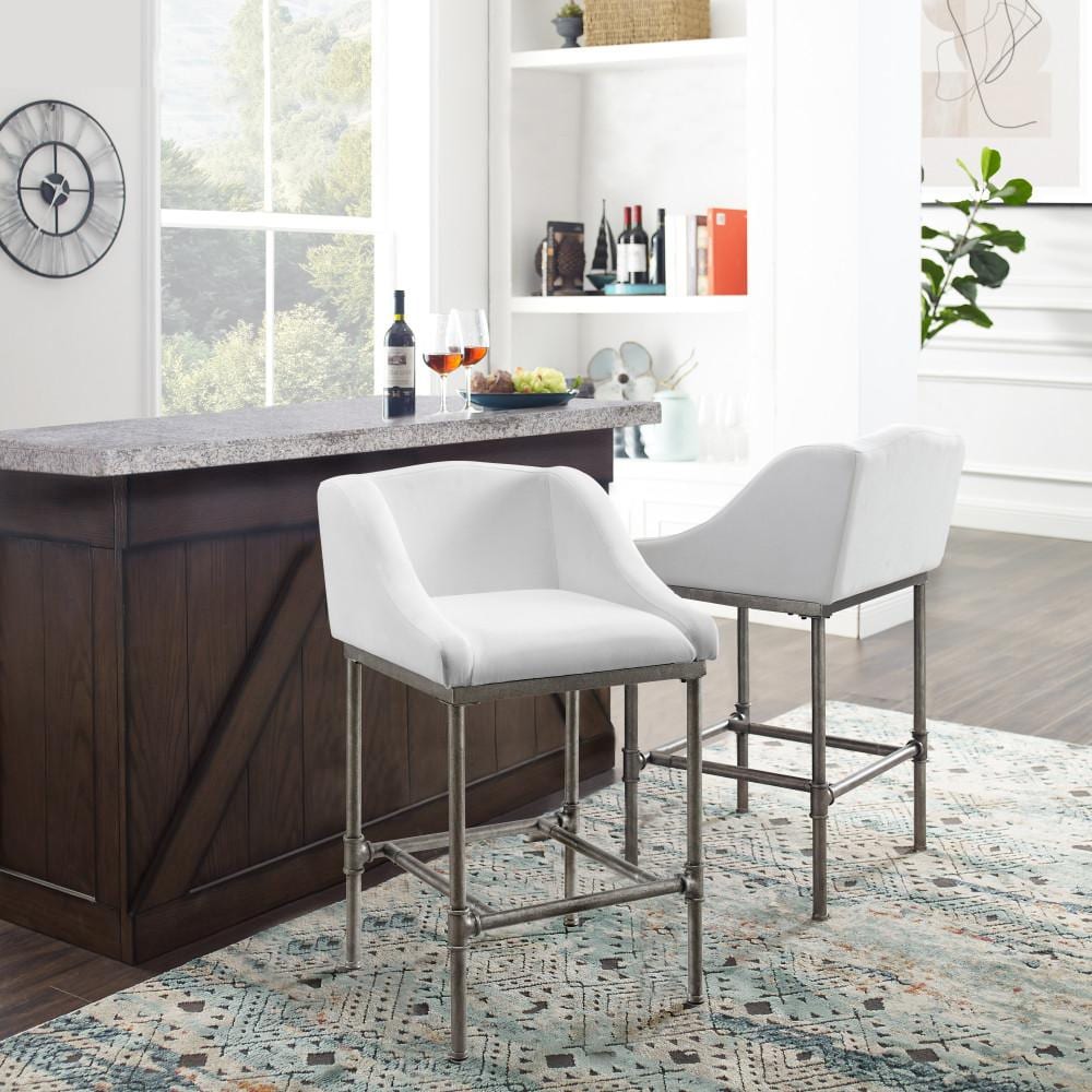 Silver Swivel Metal Counter Stool with White Performance Fabric
