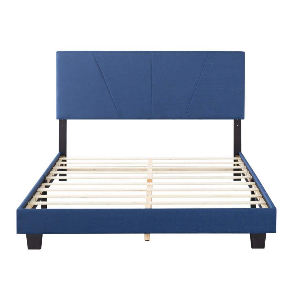Navy Blue Wood Frame Queen Upholstered Platform Bed