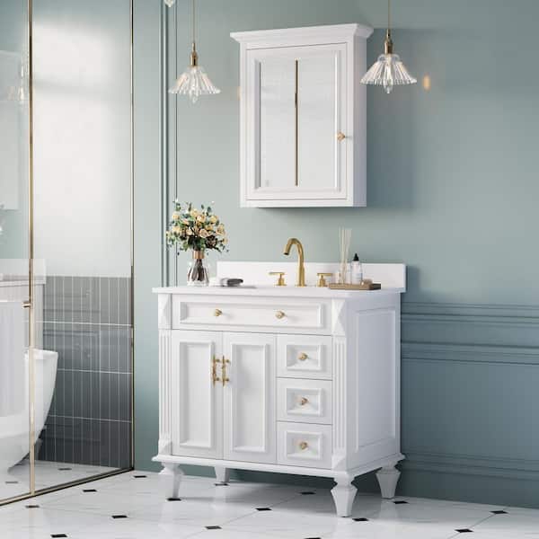 24 in. W x 30 in. H Rectangular Surface Mount Solid Wood White Medicine Cabinet with Mirror Left open