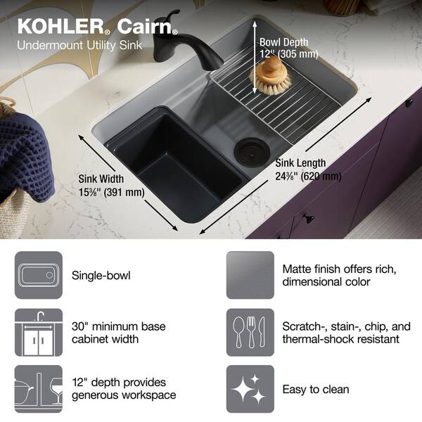 KOHLER Cairn Matte Grey Composite Undermount Utility Sink