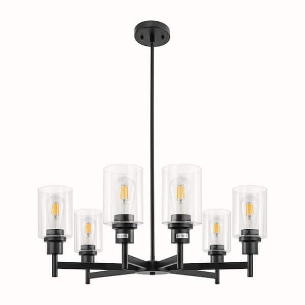 Briignite 6-Light Black Chandelier perfect for Dining Room with Adjustable Height featuring Industrial Clear Glass Pendants