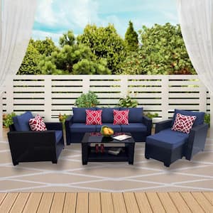 7-Piece Dark Brown Wicker Outdoor Patio Conversation Sectional with Blue Cushions, Coffee Table and Ottoman
