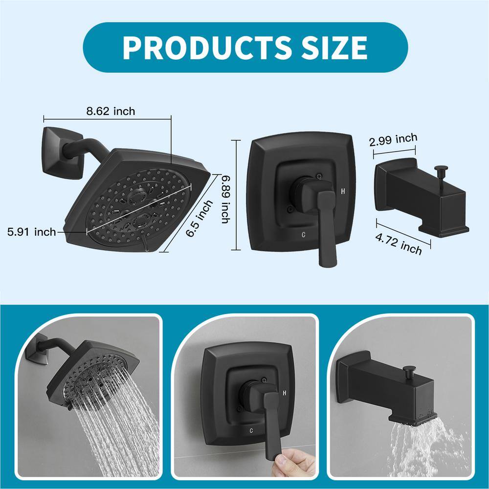 Matte Black Square Rainfall Shower Faucet Set with Tub Spout