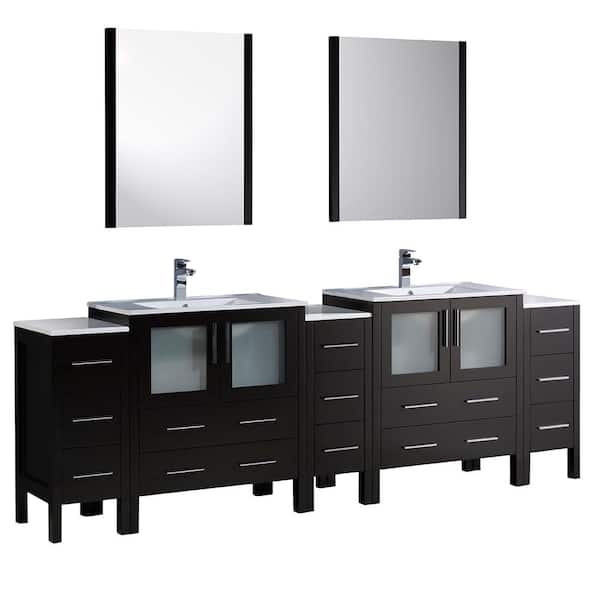 Fresca Torino 96 in. Double Vanity in Espresso with Ceramic Vanity Top in White with White Basins and Mirrors