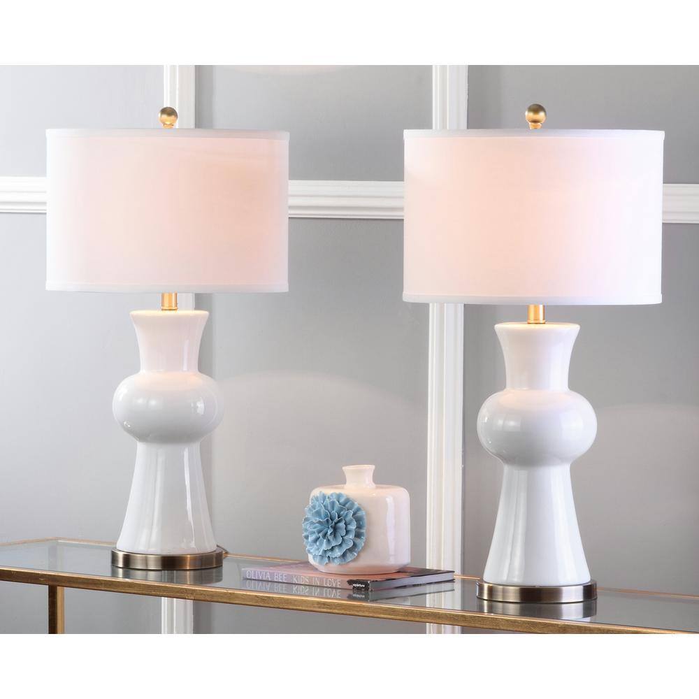 Hopper Brass Gold Table Lamp Set with White Linen Shade