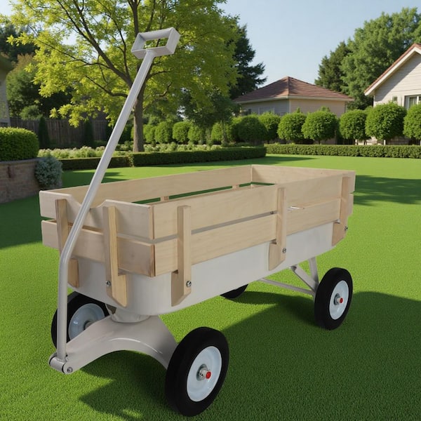 3 cu. ft. White All-Terrain Steel Utility Wagon Garden Cart with Wooden Railings and Removable Panels