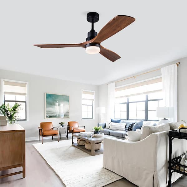 Modern 52 in. Indoor Black 3 Solid Wood Blades Downrod Standard Ceiling Fan with Reversible DC Motor and Remote Included