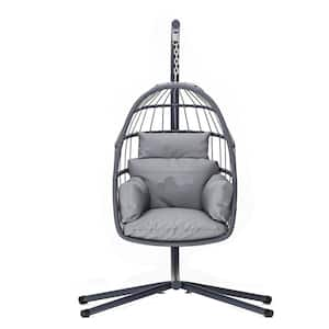 1-Person Metal Patio Swing, Foldable Hanging Swing Egg Chair with Stand and Cushions, for indoor Outdoor, Gray