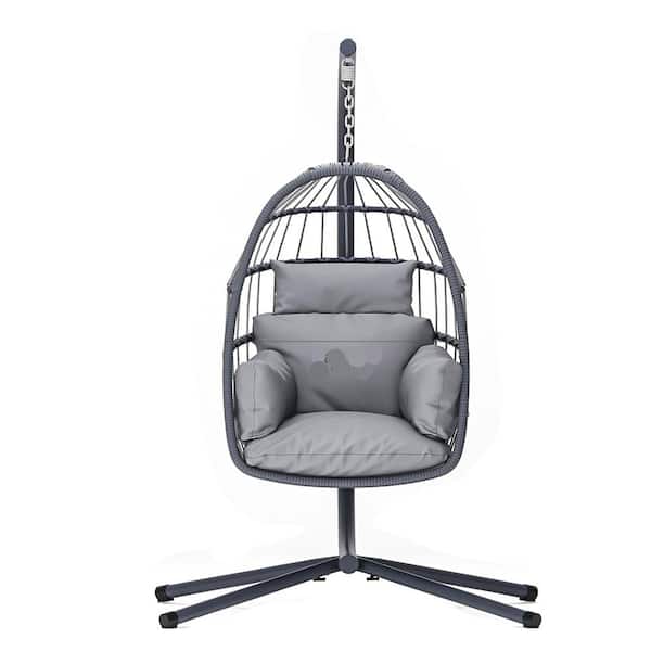 Unbranded 1-Person Metal Patio Swing, Foldable Hanging Swing Egg Chair with Stand and Cushions, for indoor Outdoor, Gray