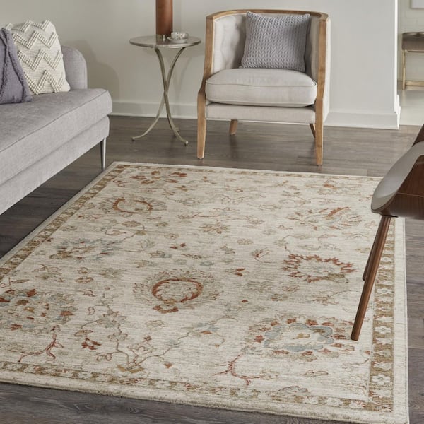 5 ft. x 8 ft. Beige Floral Power Loom Distressed Area Rug