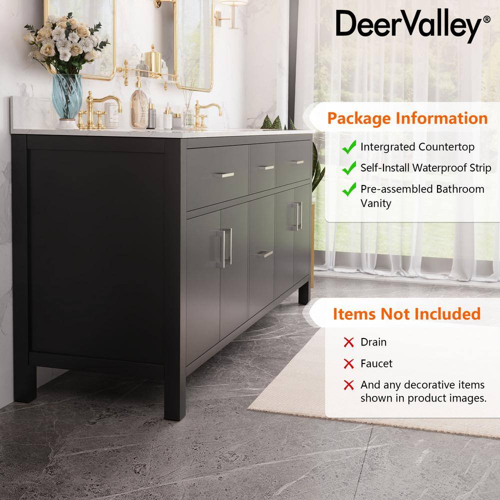 72" Black Double Freestanding Bathroom Vanity with Marble Top