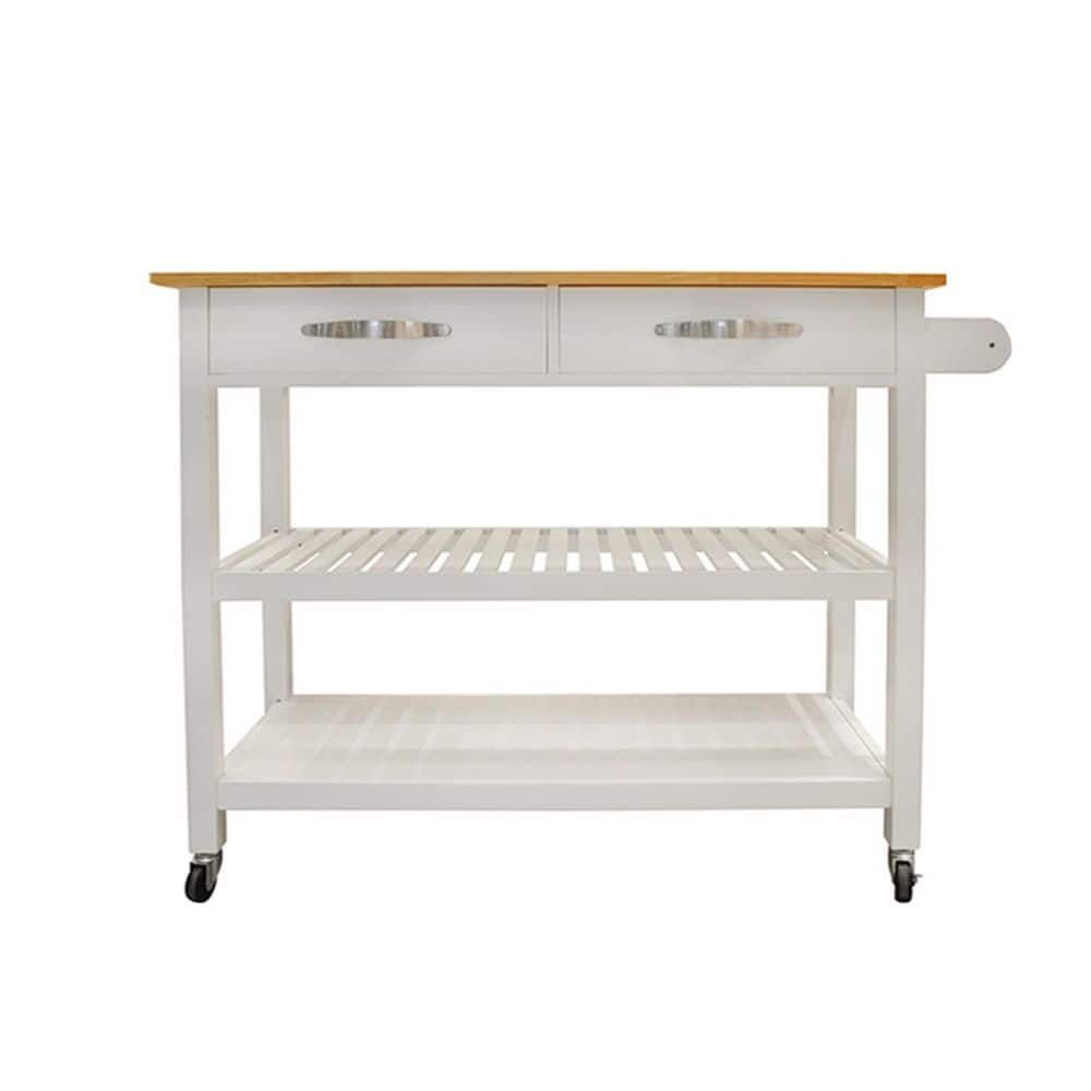 Simply Designed Rolling Wood Top White Kitchen Cart with 2 Drawers and Two-