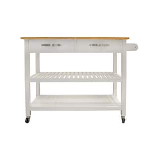Simply Designed Rolling Wood Top White Kitchen Cart with 2 Drawers and Two-tier Open Shelf