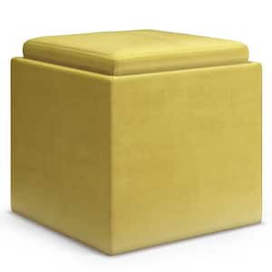 RockWood 18 in. Wide Contemporary Square Cube Storage Ottoman with Tray in Dijon Yellow Velvet Fabric