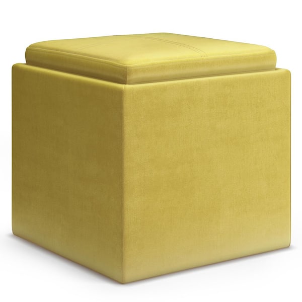 Simpli Home RockWood 18 in. Wide Contemporary Square Cube Storage Ottoman with Tray in Dijon Yellow Velvet Fabric