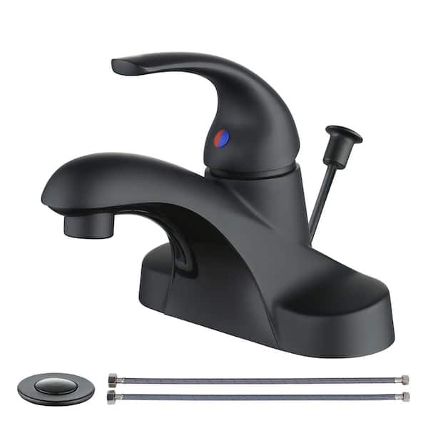 WOWOW 4 in. Centerset Single-Handle Low Arc Bathroom Faucet with Drain Kit Included in Matte Black