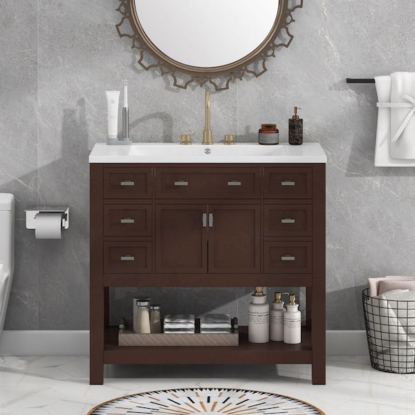 EPOWP 35.2 in. W x 18 in. D x 34.1 in. H Freestanding Bath Vanity in Brown with White Ceramic Top Single Basin Sink