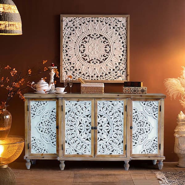 33 in. Brown 4-Door Wood Hollow-Carved Accent Cabinet-Distressed Wood Storage Cupboard with Adjustable Shelf for Living
