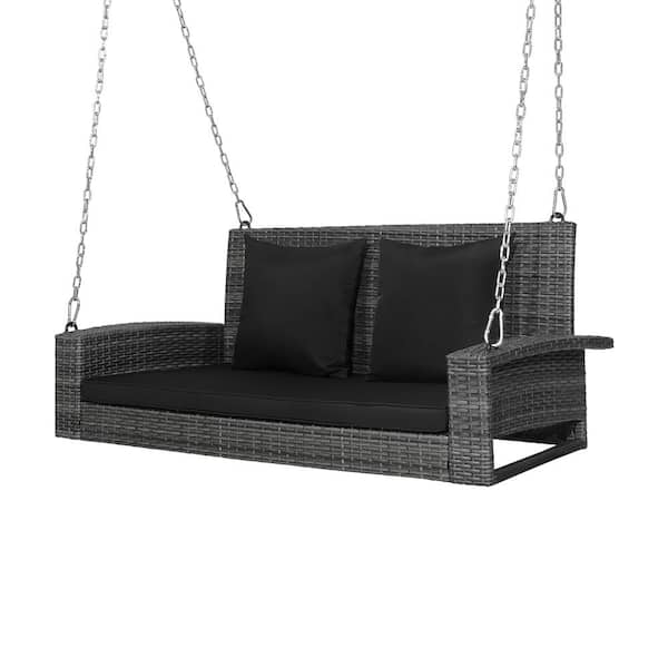 Costway 42.5 in. 800 lbs. 2-Person PE Wicker Hanging Porch Patio Swing Bench Chair Cushion