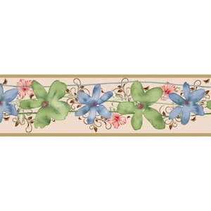 Falkirk Dandy Green, Blue, Pink Flowers, Butterflies Kids Peel and Stick Wallpaper Border