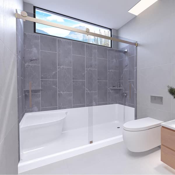 NuVo Platinum Grey-Tetherow 60 in. x 32 in. x 83 in. Base/Wall/Door Seated Base Alcove Shower Stall/Kit Brushed Nickel Right
