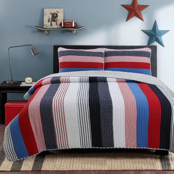 Cozy Line Home Fashions Patriotic Stripe 3-Piece Red White Navy Blue Cotton  Queen Quilt Bedding Set BB20180302Q - The Home Depot