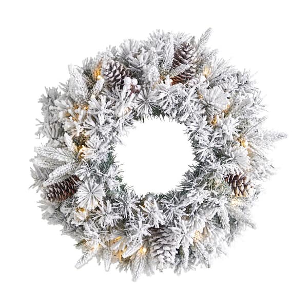 Nearly Natural 20 in. Prelit LED Flocked Artificial Christmas Wreath with 35 Warm White LED Lights