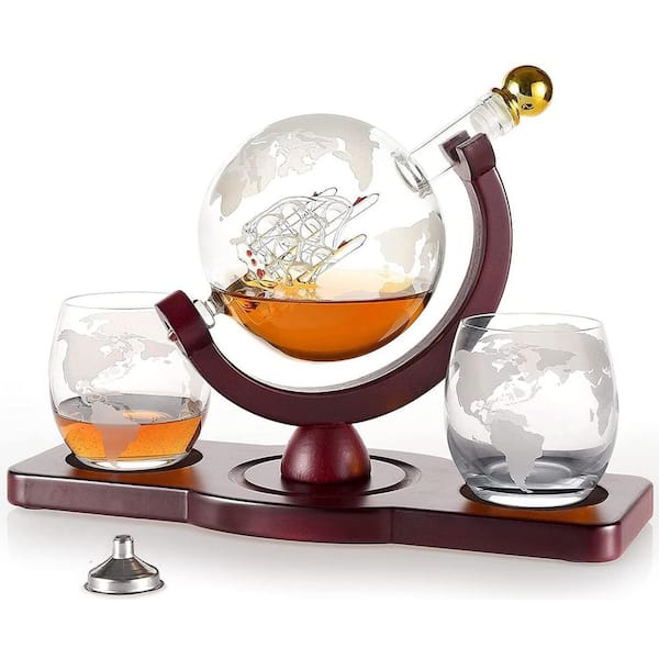Dark Brown Lead-Free Crystal Whiskey Decanter Set with 2 Etched World Map Glasses, Wood Tray, Unique Christmas Gifts