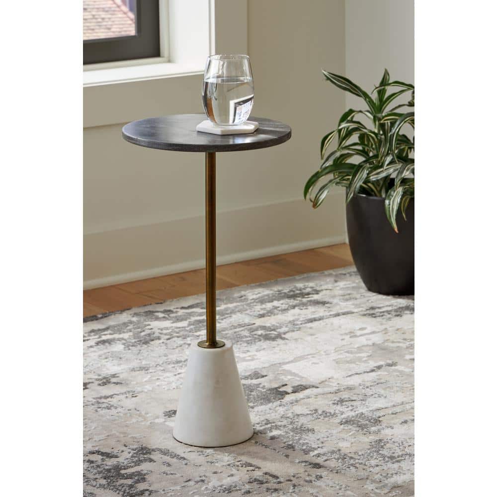 Black and White Marble Round Accent Table with Gold Metal Base