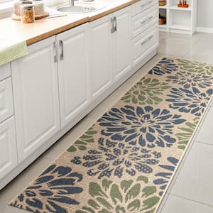 Navy/Green 2 ft. x 14 ft. Runner Zinnia Modern Floral Textured Weave Indoor/Outdoor Area Rug