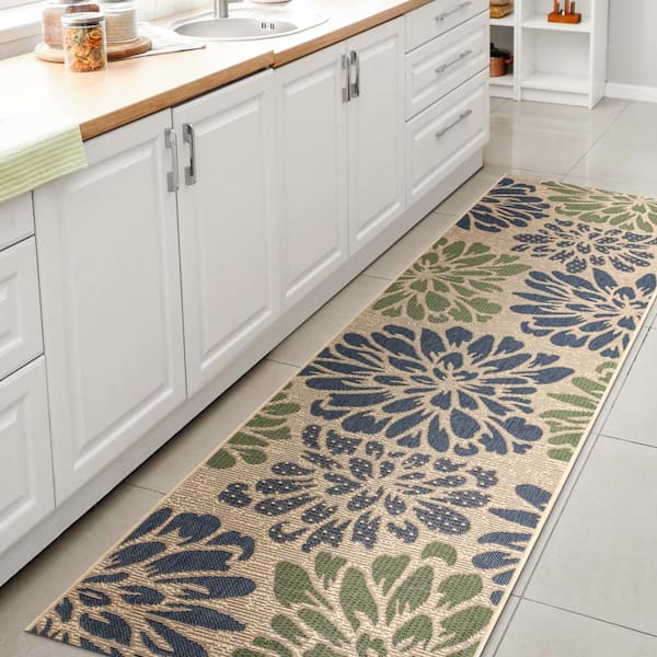 Zinnia Modern Floral Textured Weave Navy/Green 2 ft. x 8 ft. Indoor/Outdoor Runner Rug