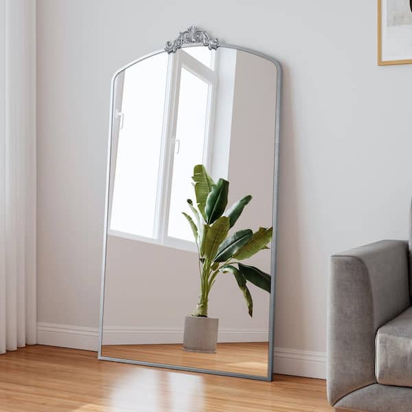 Silver 36 in. W x 66.5 in H Vintage Arched Floor Mirror, Baroque Metal Frame, Entryway and Living Room Decor