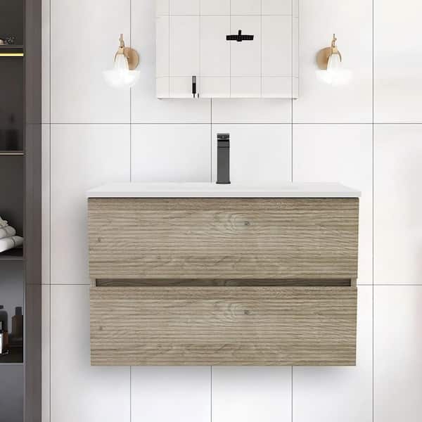 Paterno 29.63 in. W x 17.93 in. D x 18.79 in. H Single Sink Floating Rough Oak Bath Vanity with White Ceramic Vanity Top