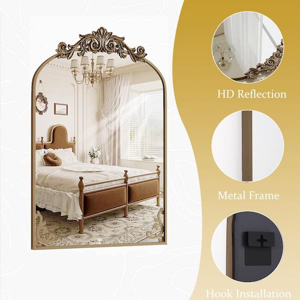 26 in. W x 41 in. H Arched Bronze Metal Framed with Carved Decoration Wall Mirror Bathroom Vanity Mirror