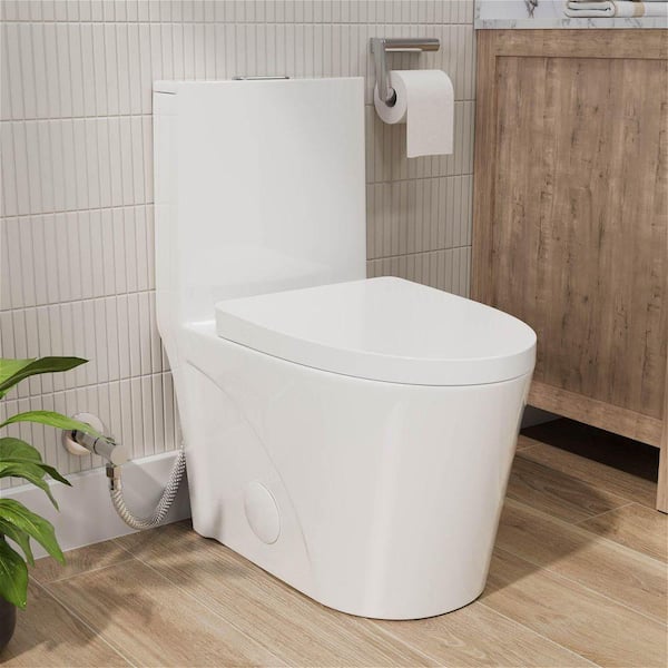 1-Piece 1.1/1.6 GPF High-Efficiency Elongated Comfort Height Toilet with Powerful Flush in Gloss White