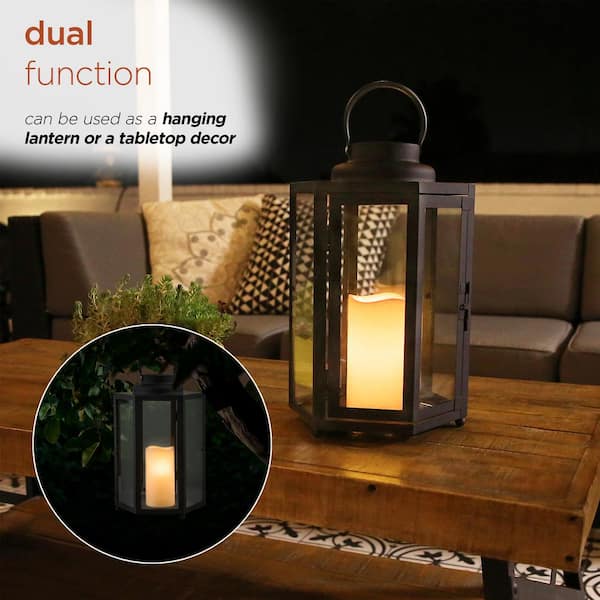 LumaBase Battery Operated Metal Lantern with LED Candle - Black Window (17  inches)