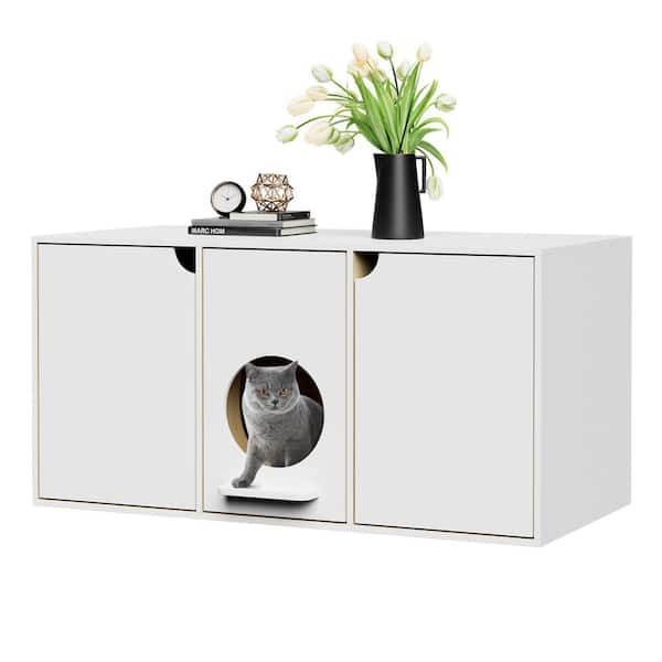 FUFU&GAGA Modern Cat Litter Box Enclosure Furniture for 2 Cats, Wooden Large Cat Washroom with Double Room and Litter Catch, White
