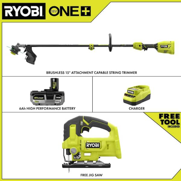 ONE+ HP 18V Brushless 15" Attachment Capable String Trimmer w/ 6.0 Ah Battery, Charger & FREE ONE+ 18V Cordless Jig Saw